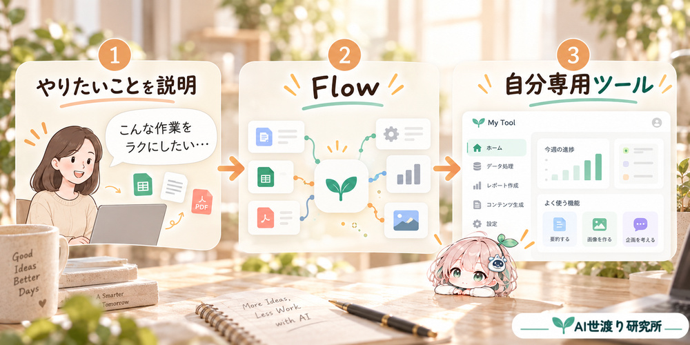 人物が「こんな作業をラクにしたい」と話す → Flow → 専用AIツール完成、という3ステップのオリジナル図解