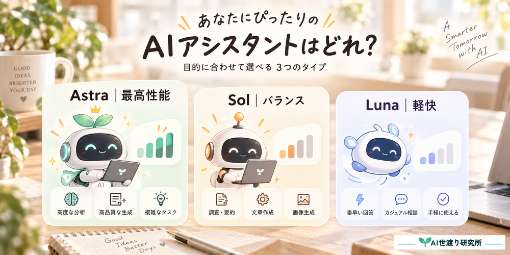 GPT-6 Luna、Sol、Astraを作業内容によって使い分けるイメージ図
