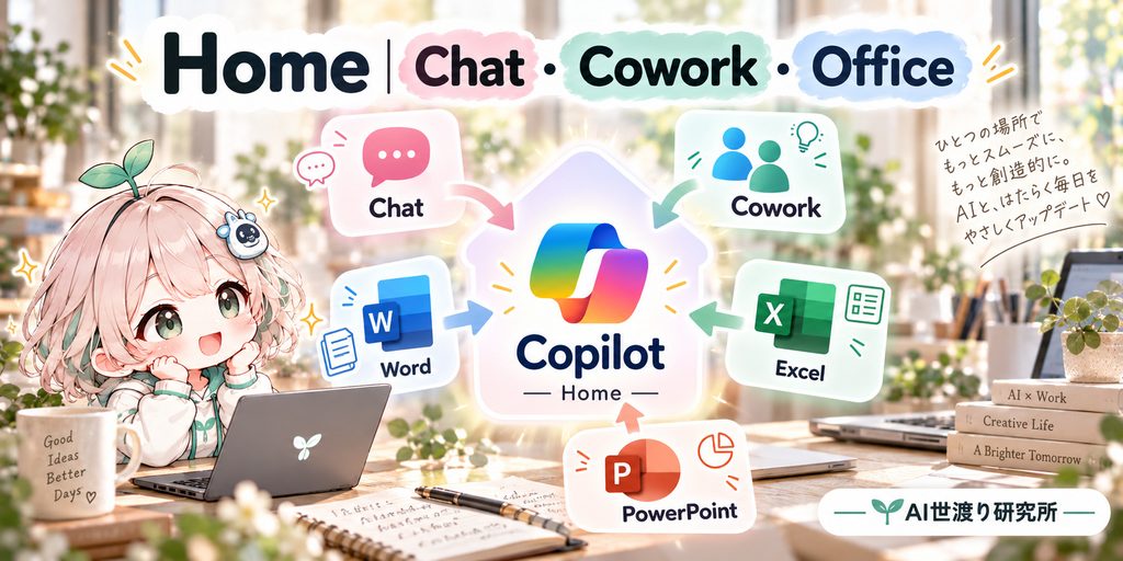 Microsoft Copilot HomeにChat、Cowork、Word、Excel、PowerPointが集約されるイメージ図