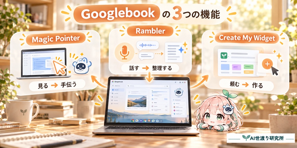 GooglebookのMagic Pointer、Rambler、Create My Widgetを初心者向けに示した図